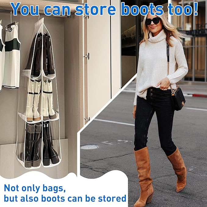 Purse Organizer for Closet, Large Capacity-19.69" Height for Oversized Purses&Tote Bags, Backpacks, Tall Boots,with 12 Boot Shapers, Hanging Purse Organizer,White