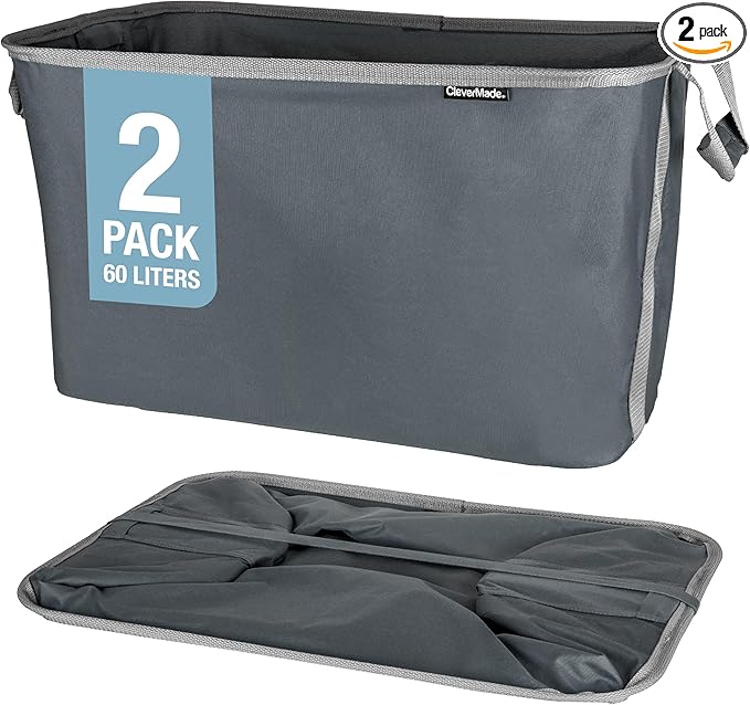 CleverMade Collapsible Fabric Laundry Basket - Charcoal 2 Pack 60L / 16 Gal - Space Saving Storage Organizer with Premium Handles Foldable Home