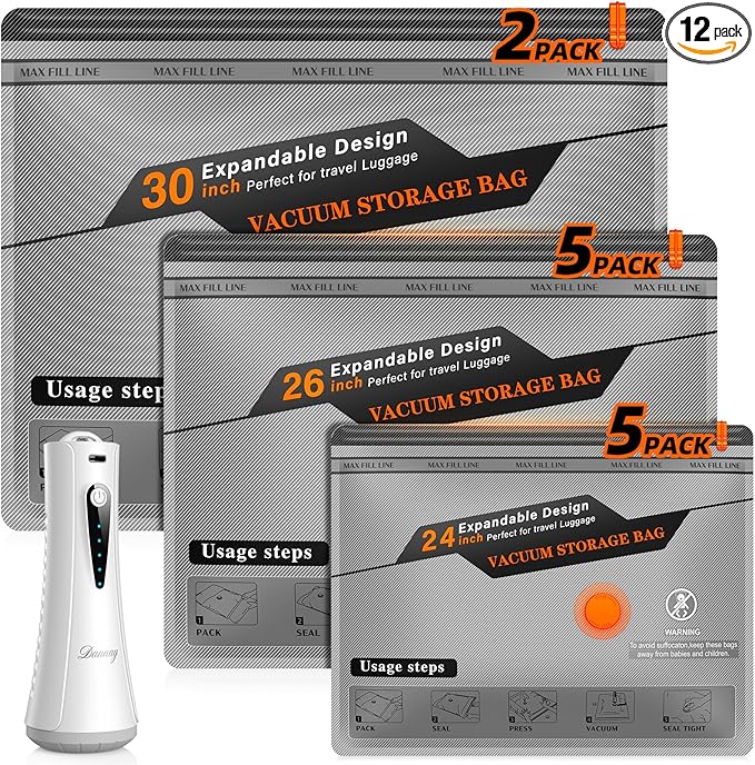 Vacuum Storage Bags for Travel with Rechargeable Air Pump, 12 Pack Space Saver Bags for Clothing, Luggage & Suitcase Compression, Efficient & Portable Storage Solution for Travel Essentials