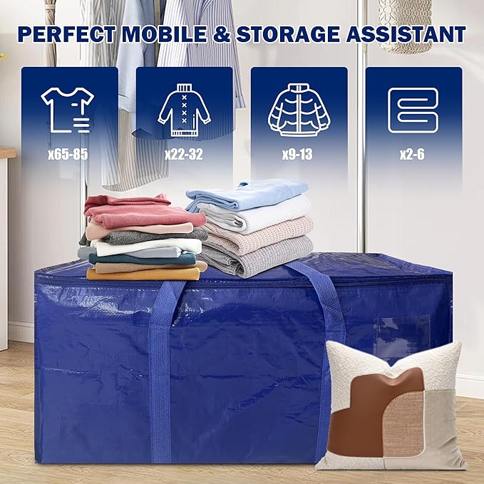 12 Pack Extra Heavy Duty Large Moving Bags with Strong Zipper & Carrying Handles, Sturdy Clothes Storage Bag Totes Bins, Packing Bags Moving Boxes College Moving Supplies, Dark Blue - 33 gal