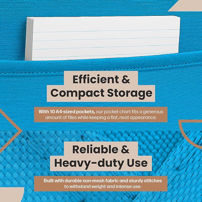 Hippo Creation Storage Pocket Chart for Classroom, 10 Pocket Storage Organizer with 3 Over-Door Hangers, Hanging Wall Organizer for File Folders, School Mailbox, Home Office Papers - Clear Blue