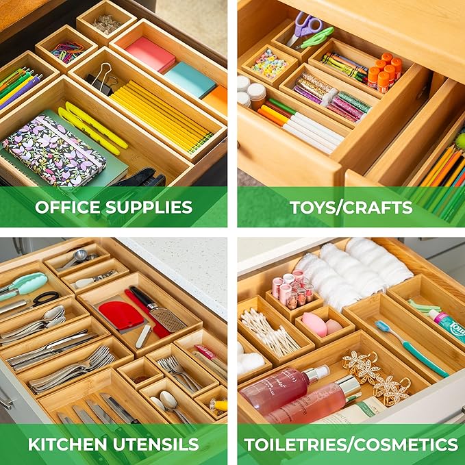 Grow Forward Bamboo Drawer Organizer Boxes - Set of 14 Wooden Drawer Organizers for Kitchen, Bathroom, Office, Desk, Vanity, Makeup - Non-Slip Junk Drawer Organizer Trays for Storage and Organization