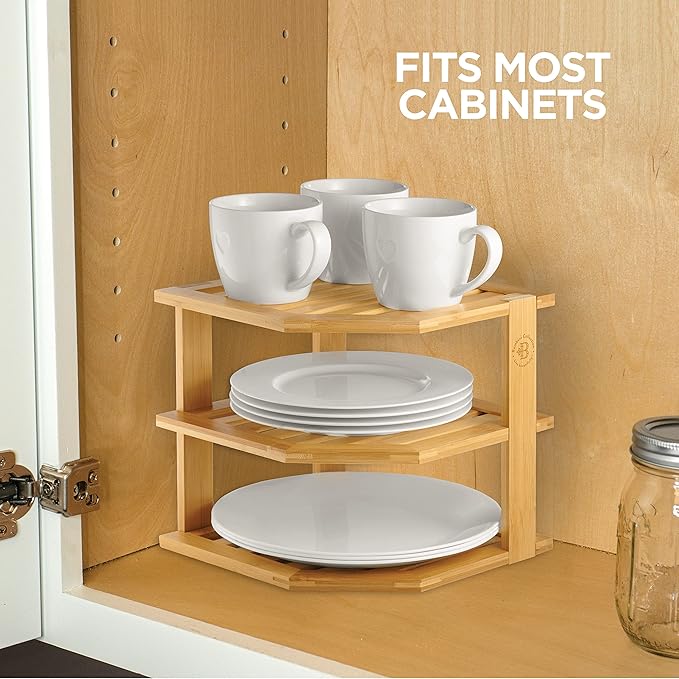 Bambüsi 3 Tier Bamboo Corner Shelf Cabinet Organizer - Kitchen Cabinet Space Saver for Plates, Dishes, Bowls, Pantry Storage - 9.5 in Tall x 10 in Deep Countertop Corner Rack | Kitchen Counter, Cabinet Space Saver, Plates, Dishes, Bowls, Bread Pantry