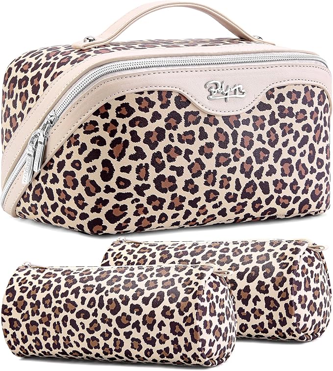 Travel Makeup Bags Organizer for Women: 3 Pcs Set Cosmetic Bag - Large Make up Bag with Compartments - Flat Open Waterproof Leather Toiletry Bags for Skincare, Brushes & Travel Essentials - Beige