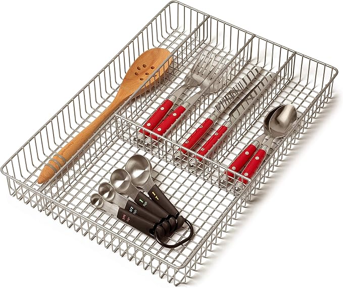 Spectrum Large Wire Silverware Drawer Organizer Satin Nickel 5 Compartment Grid Utensil Holder for Flatware Cutlery Drawer Organization, 11 In Wide Metal Wire Utensil Organized Divider Tray Drawer