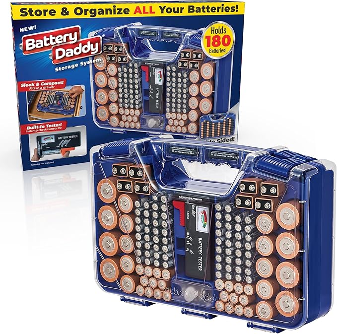 Battery Daddy Storage & Organizer Case with Tester, Stores & Protects Up to 180 Batteries, Double-Sided, Clear Locking Lid, Secure Latches & Portable Carrying Handle - Blue (Batteries Not Included)
