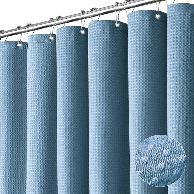 Dynamene Stall Fabric Shower Curtain - 54x78 inch Long Waffle Weave Weighted Thick Cloth Shower Curtains for Bathroom,Heavy Duty Hotel Spa Luxury Bath Curtain Set with 10 Plastic Hook, Moonlight Blue