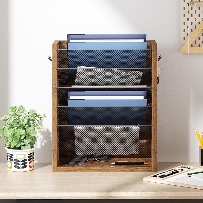 Creso hom Mail Organizer Wall Mounted, 6-Tier Wall File Organizer with 2 Hooks, Wooden Desk Organizer Magazine Holder with Bottom Flat Tray, for Office Home, Rustic Brown