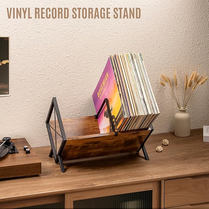 PUERSI Vinyl Record Storage Rack, 80 LP Record Storage Holder, 1 Tier Vinyl Display Shelf with Adjustable Divider, Organizer for Albums, Magazine, Book, Files - Brown