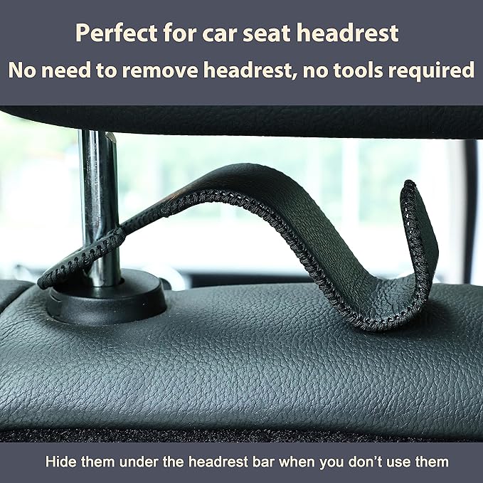 Amooca Car Seat Headrest Hook 4 Pack Metal Core Hanger Universal Car Storage Organizer for Handbag Purse Coat S Type Leather Black