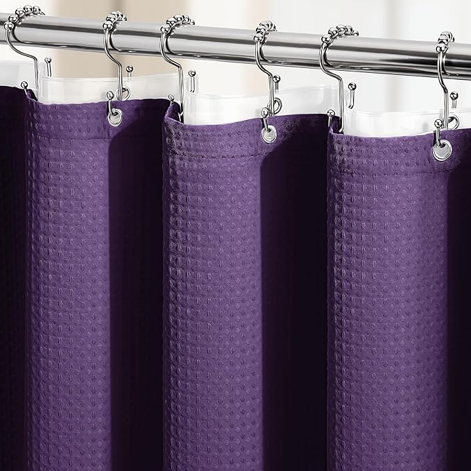 Dynamene Extra Long Shower Curtain and Liner Set - 84 inch Tall Waffle Fabric, Waterproof Clear Liner, Heavy Duty Weighted Hotel Luxury Cloth Shower Curtains for Bathroom with 12 Hooks, 72x84, Purple