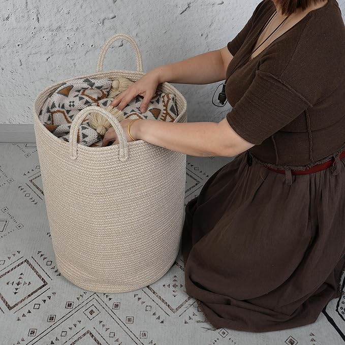XUANGUO Cotton Rope Laundry Basket Hamper for Clothes Woven Storage Basket for Living Room Bedroom Boho Tall Rope Baskets for Blanket Toys Pillow Towels Baby Nursery Hamper Bin Large oatmeal