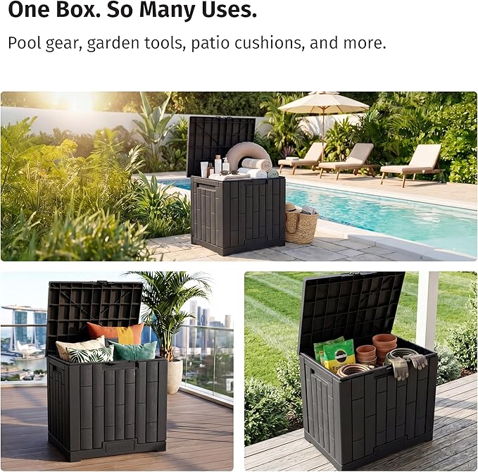 EAST OAK 31 Gallon Outdoor Storage Box, Waterproof Deck UV-Resistant Resin Bin for Patio Cushions, Garden Tools, Pool Accessories & Package, Lockable Wind-Resistant Lid, Steel-Reinforced, Black