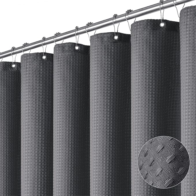 Dynamene Charcoal Grey Fabric Shower Curtain - Waffle Weave Textured Heavy Duty Cloth Shower Curtains for Bathroom, 256GSM Hotel Luxury Weighted Bath Curtain Set with 12 Plastic Hooks,72x72