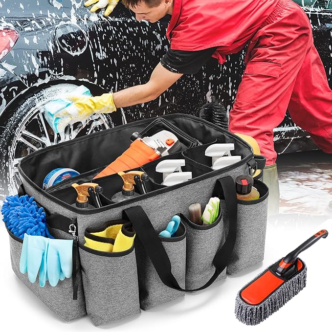 HODRANT Detailing Bag with Polisher Carry Bag, Large Detail Car Care Box for Auto Detailing Supplies, Car Wash Caddy & Trunk Organizer for Buffer Bottle Towel & Cleaning Kit, Gray, Patent Design