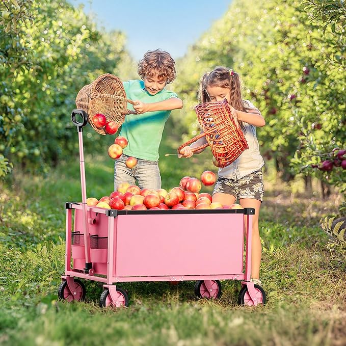 29.3" Collapsible Wagon Cart, 150L Heavy Duty Folding Utility Wagon with Wheels, 260 lbs Load, Portable Rolling Cart for Garden, Shopping, Sports, Camping, Pink