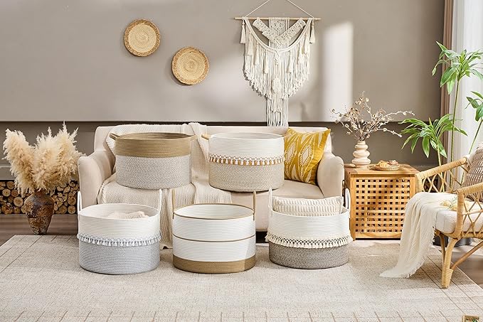 KAKAMAY Cotton Rope Storage Basket (20"x13"),Woven Hamper for Blankets,Toys,Pillows,Clothes,Laundry,Sturdy Handles Decorative Basket for Living Room, Bedroom,Nursery(Grey/Black)