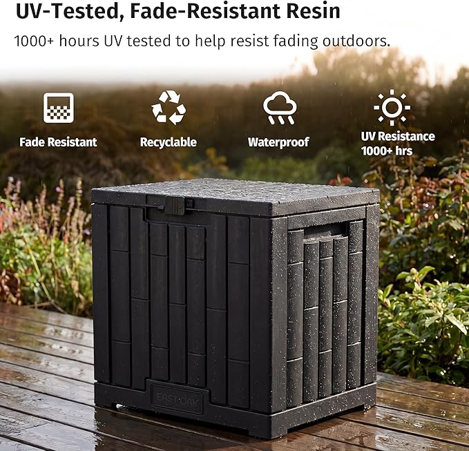EAST OAK 31 Gallon Outdoor Storage Box, Waterproof Deck UV-Resistant Resin Bin for Patio Cushions, Garden Tools, Pool Accessories & Package, Lockable Wind-Resistant Lid, Steel-Reinforced, Black