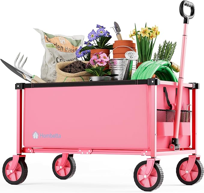 29.3" Collapsible Wagon Cart, 150L Heavy Duty Folding Utility Wagon with Wheels, 260 lbs Load, Portable Rolling Cart for Garden, Shopping, Sports, Camping, Pink