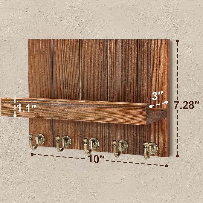 Rebee Vision Pine Wood Key Holder Wall Mount for Home Decor – Farmhouse Key Holder for Wall with Hooks & Floating Shelf – Ideal Mail Organizer for Home Organizaition (3.54" x 10" x 7.28", Retro Brown)