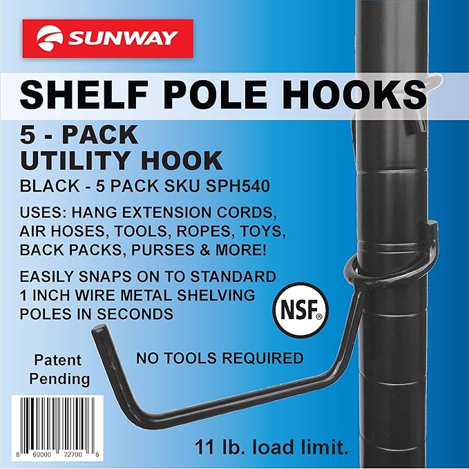 Shelf Pole Hooks | 5-Pack Black Utility Hooks | Snap-On Hanging Hooks for 1" Wire, Metal & Metro Shelving | Heavy Duty Garage, Workshop & Basement Storage Hooks