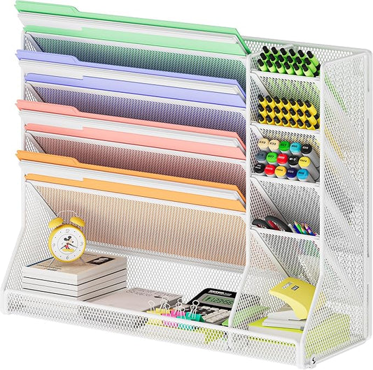Jakyitvi Wall File Organizer, 5-Tier Hanging Wall File Organizer with R-shaped Bottom Tray, Desk Organizer with 4 Tiers Durable Adjustable Metal & 4 Pen Slots Stable, Wall Organizer for Office, White
