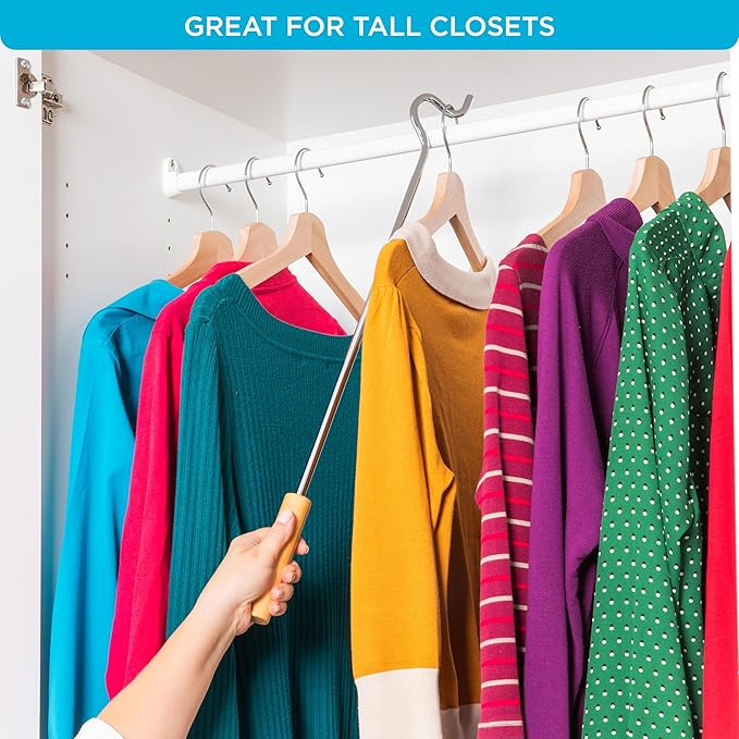 Closet Reacher Pole with Hook and Wooden Handle, Heavy Duty - Adjustable 2.75-5 Feet, Chrome Plated Steel Clothing Hanger Shepherds Hook to Easily Reach Clothes etc - Perfect for College Dorm