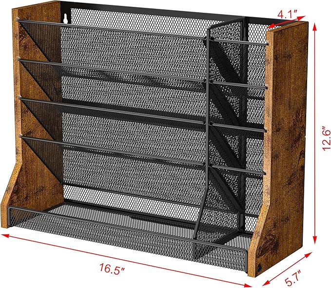 Jakyitvi Wall Desk File Organizer 5 Tiers, Ironwood Hanging File Organizer with R-shaped Tray, Wall File Holder for Office Home, 4 Pull-Out Divider and Pen Slots to Sort File,Mail,Newspaper,Pen, Brown