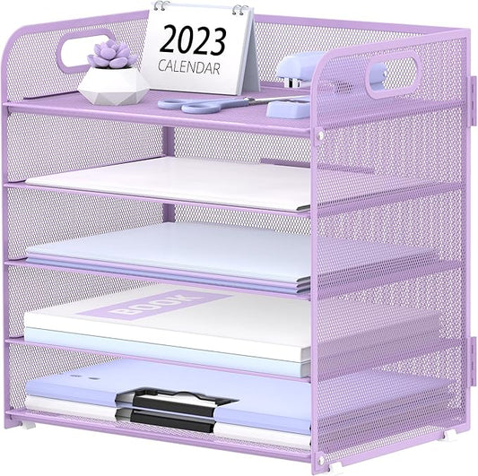 Supeasy 5 Trays Paper Organizer Letter Tray with Handle-Mesh Desk File Organizer, Paper Sorter Desk Organizer for Office, Home or School