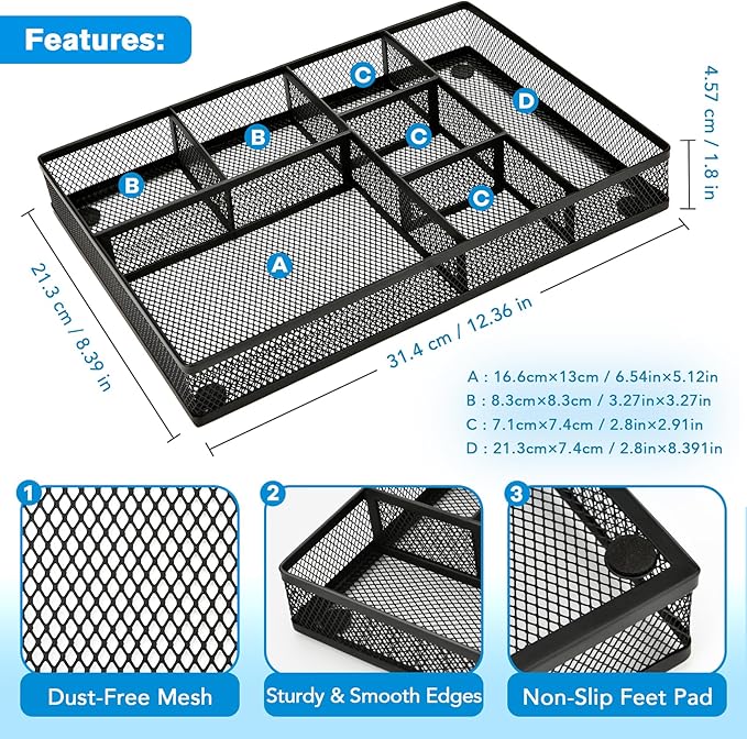 Desk Drawer Organizer Tray,Drawer Organizer for Office and Home,Desk Organizer with Drawers,7 Compartments,Non-Slip Desk Organizers (Black, 12.3" L x 8.3" W x 1.8" H)