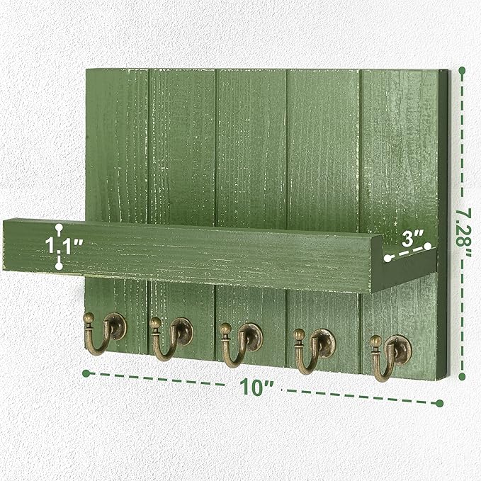 Rebee Vision Pine Wood Key Holder Wall Mount with Floating Shelf – Farmhouse Key Holder for Wall with Hooks – Hat Organizer for Room Decor and Entryway Organization (Green,3.54" x 10" x 7.28")