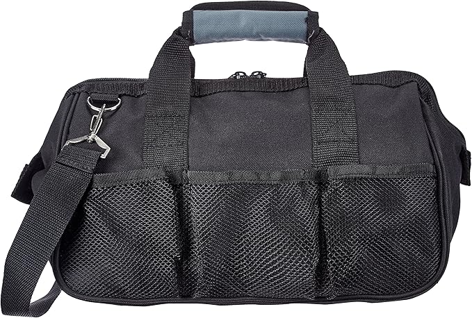 Amazon Basics Durable Wear-Resistant Tool Storage Bag with Adjustable Shoulder Strap, Portable Tool Organizer, 16 Pockets, 12 in, Black & Gray