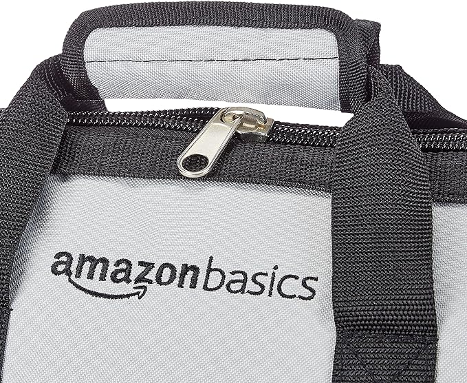 Amazon Basics Durable Wear-Resistant Tool Storage Bag with Adjustable Shoulder Strap, Portable Tool Organizer, 16 in, Black & Grey