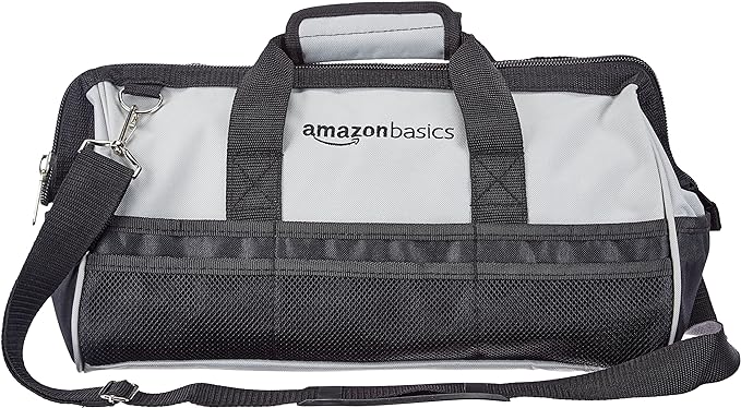 Amazon Basics Durable Wear-Resistant Tool Storage Bag with Adjustable Shoulder Strap, Portable Tool Organizer, 16 in, Black & Grey